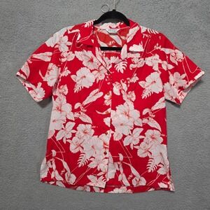 Vintage Made in Hawaii Womens Button Front Top Blouse Red White Polyester Medium